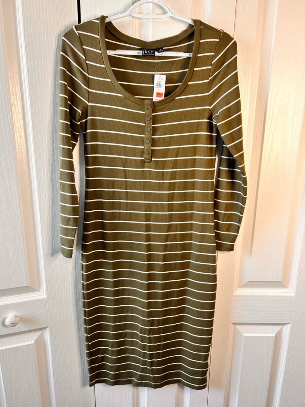 Gap Women’s Size S NWT Long Sleeve Sheath Olive‎ Green Stripe Midi Dress Stretch